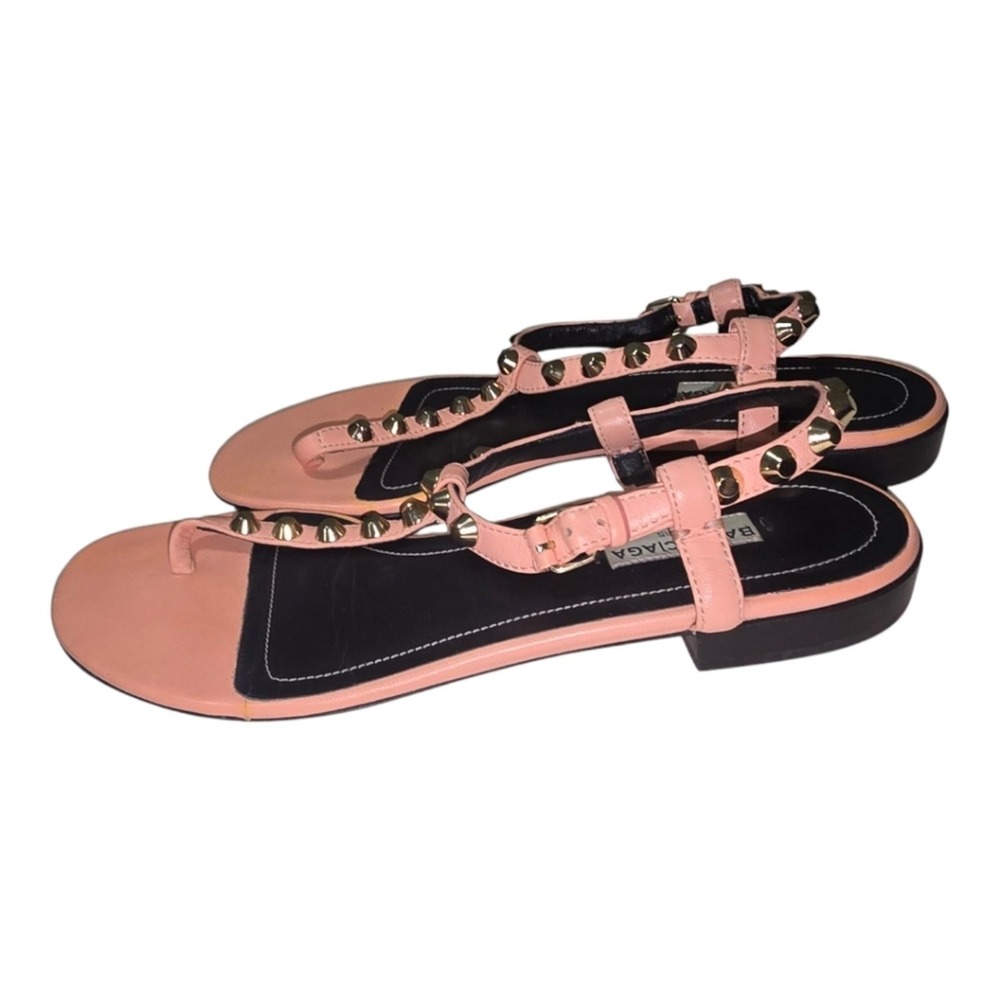 BALENCIAGA PINK leather thong SANDALS 37.5 7 flat slide ROCKSTUD ANKLe star STud - Picture 13 of 16